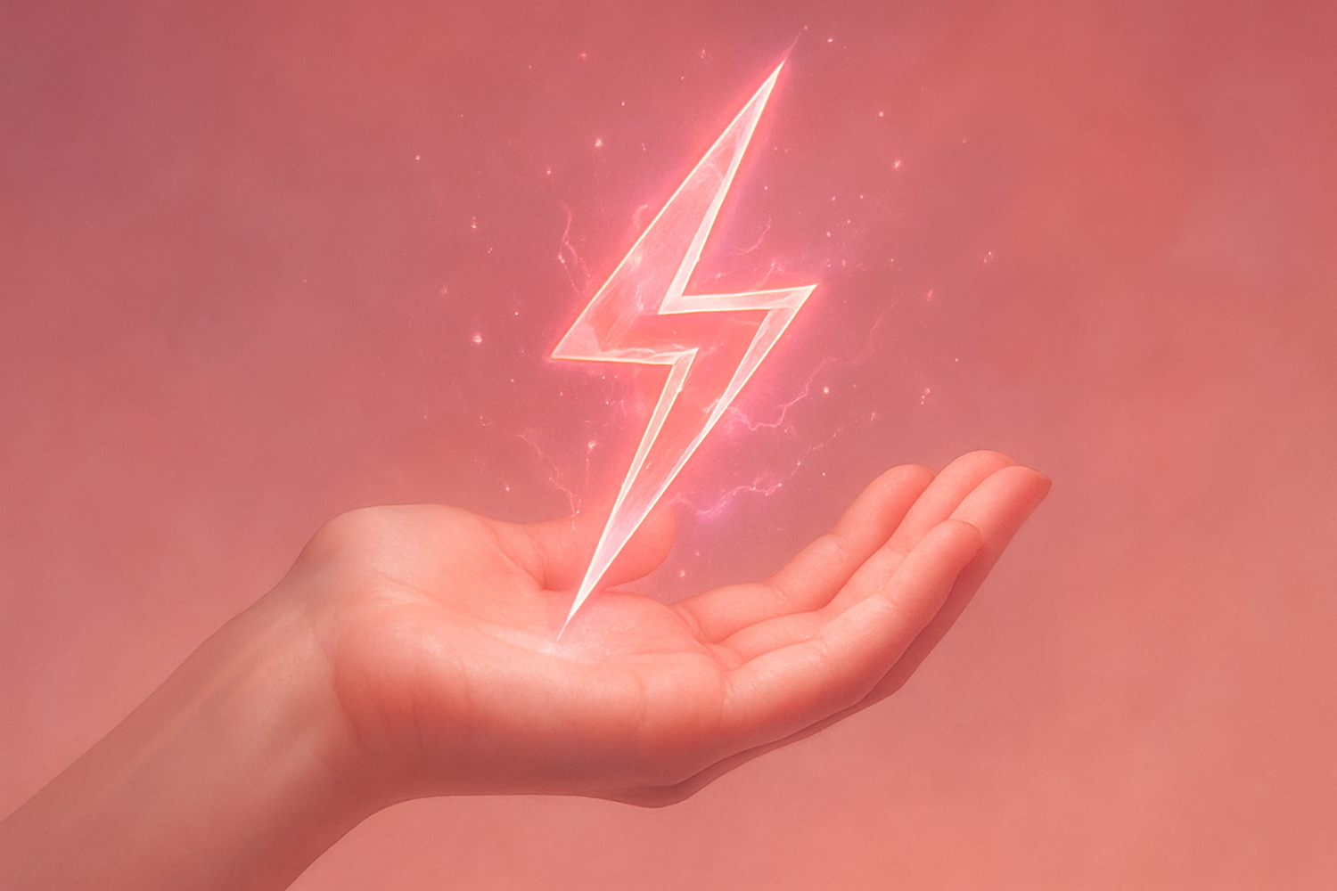A product symbolizing speed, but the product itself doesn't need to be in the image — just a symbolic representation, like a lightning bolt held in a palm, preferably in a style that matches pink tones.