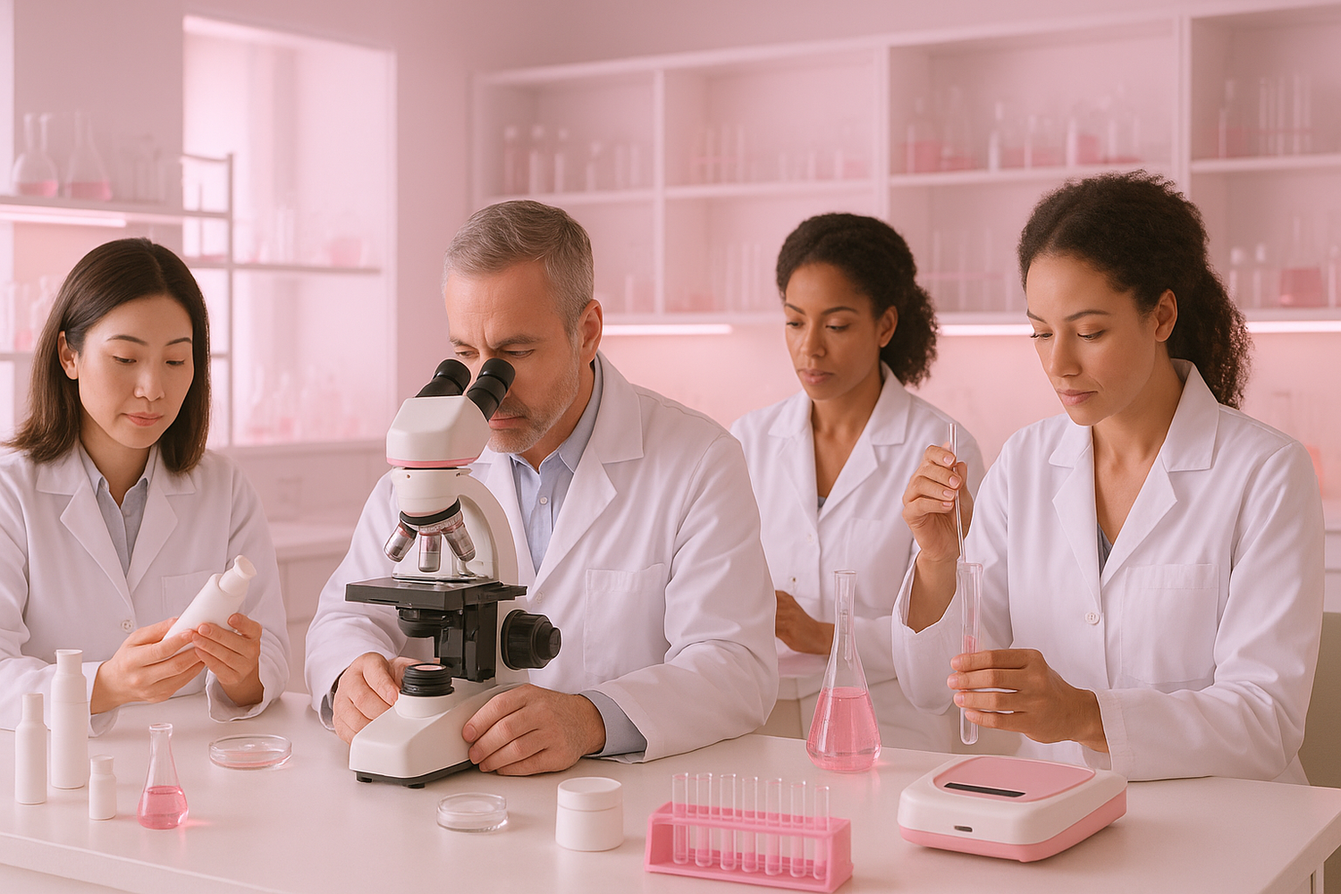 An image showing dermatologists working in a laboratory, symbolizing that the product is dermatologically tested, preferably in a style that matches pink tones.